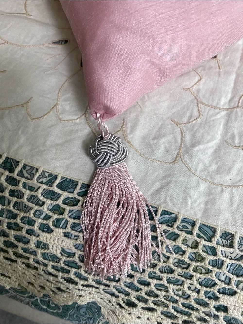 Vintage Pink Silk Accent Pillow w/ silver medallion and tassels 60s 70s